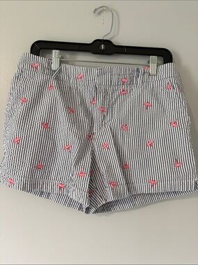 Cynthia Rowley Navy White Seersucker Shorts with Pink Embroidery
